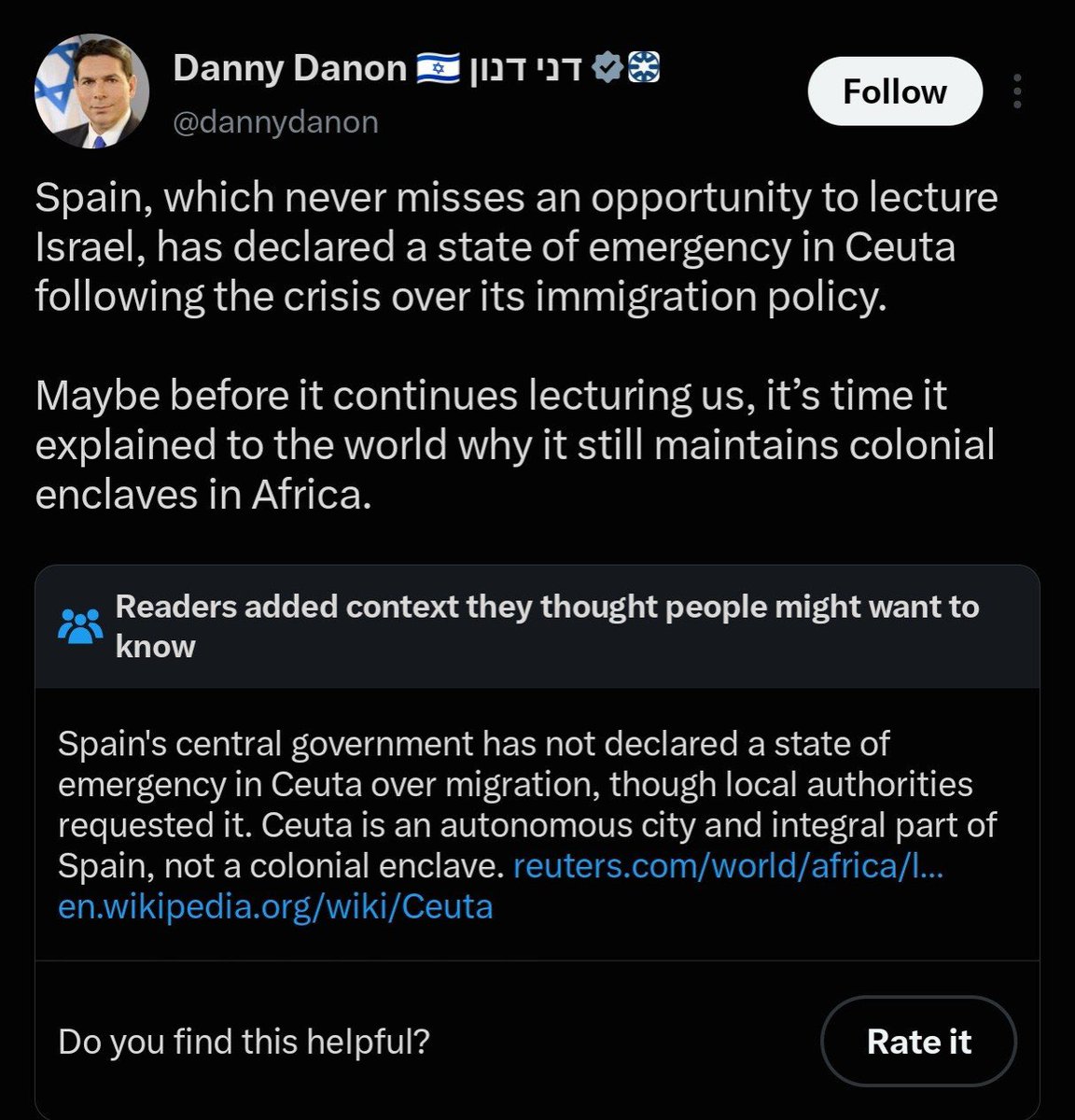Megatron_ron's tweet photo. BREAKING: 🇪🇸🇲🇦🇮🇱  Israeli Permanent Representative to the United Nations, Danny Danon, declared Ceuta a "colonial" territory and is directly encouraging the mass migration from Morocco https://t.co/h4iWhqDOEI