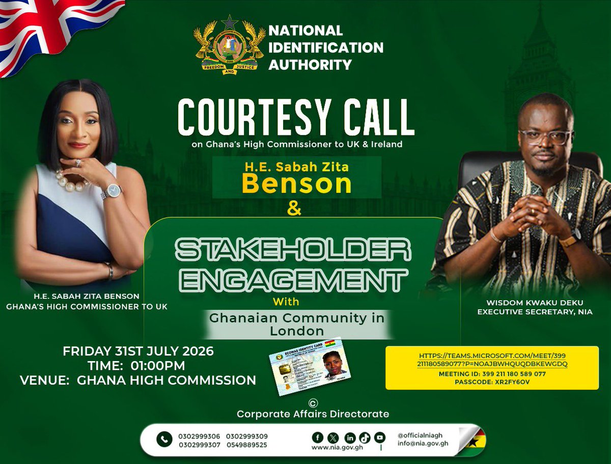officialNIAGH's tweet photo. COURTESY CALL & STAKEHOLDER ENGAGEMENT With Ghanaian Community in
London
Join the engagement via:
https://t.co/IHhiTOrZOo
Meeting ID:
399 211 180 589 077
Passcode:
Xr2fy6oV
#IdentityManagement #ghanacard #nationalidentificationauthority #nia #onenationoneghanacard https://t.co/gsAjvJVHTQ