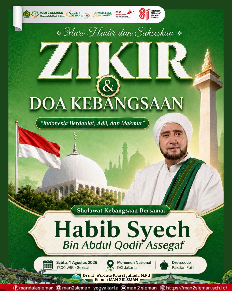 MAN2Sleman2's tweet photo. ✨Zikir dan Doa Kebangsaan ✨

Mari bersama-sama menghadiri dan menyaksikan Zikir &amp; Doa Kebangsaan sebagai ikhtiar memohon keberkahan, kedamaian, dan kemajuan bagi bangsa Indonesia. https://t.co/mlJyjLkfhG