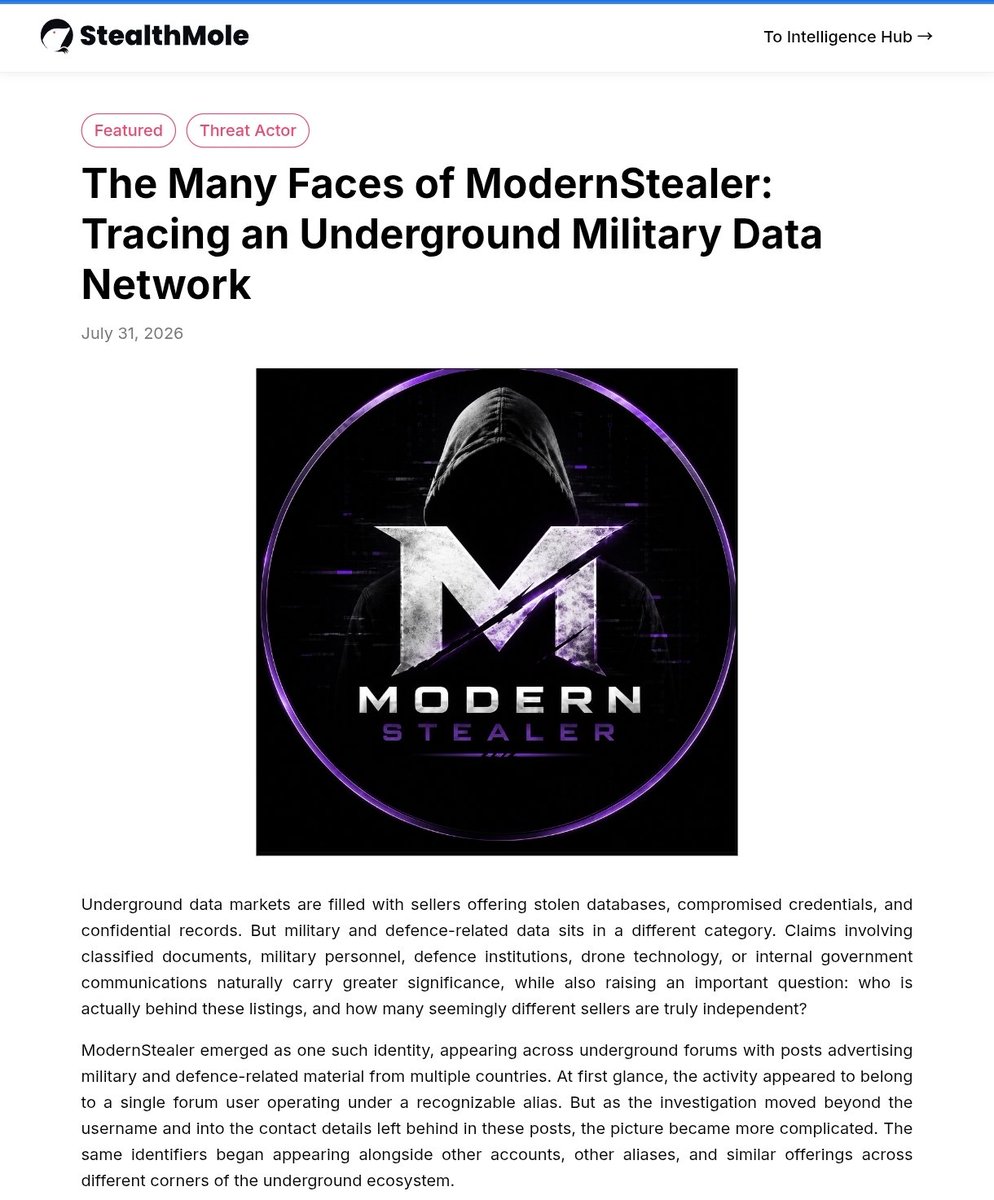 stealthmole_int's tweet photo. The Many Faces of ModernStealer: Tracing an Underground Military Data Network

Using StealthMole to follow these traces across dark web forums and Telegram, this investigation examines the digital footprint surrounding ModernStealer and the identities that appear to intersect with it. Rather than assuming that every matching alias belongs to the same person, the report follows the identifiers themselves, looking at where they reappear, how the connections develop, and what those overlaps can tell us about the network operating behind a series of military and government data offerings.

https://t.co/twM3K6YQKB