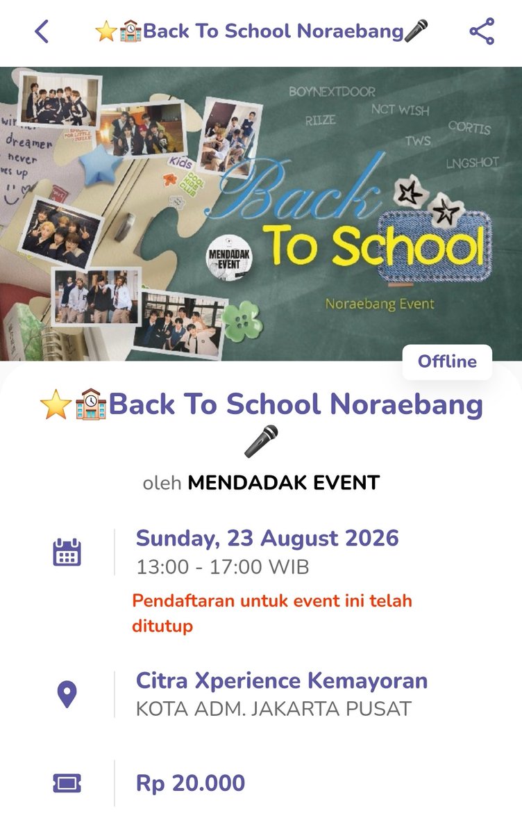 mendadak_event's tweet photo. RSVP by youniverse app CLOSED!

Thank you BRIIZE, ONEDOOR, COER, SHOTTIES, 42 &amp; Wishzen🫶🏻

RSVP by gform (available)✅️
https://t.co/WF8uJU5CQR

#Noraebang #Gen5 #Jakarta #Multifandom #eventkpop https://t.co/bFes6v3Q1y