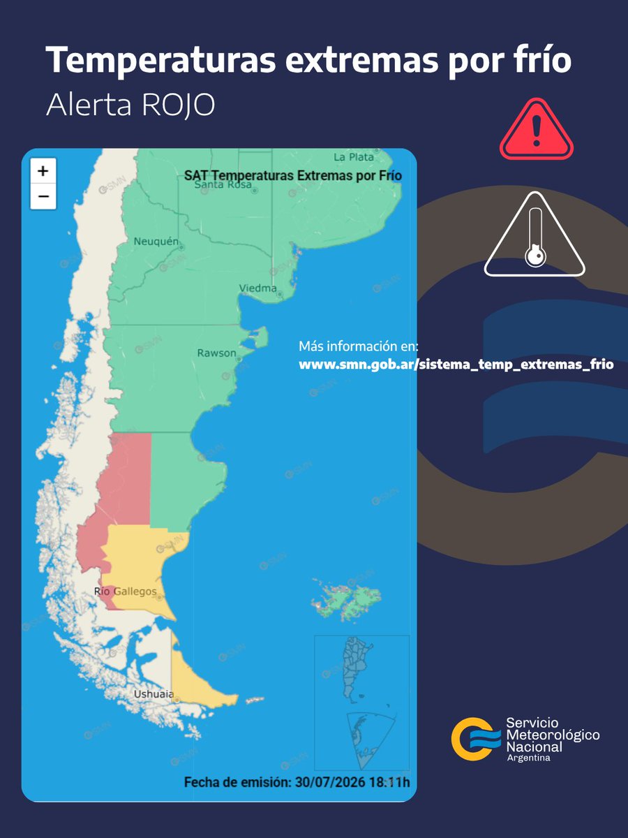 SMN_Argentina's tweet photo. 31 JUL I ⚠️ #Alertas para hoy:

🥶 Temperaturas extremas: #frío ⚠️
🟥 Efecto alto a extremo en la salud
🟨 Efecto leve a moderado en la salud

⛈️ Tormenta
🟧 40-80 mm
🌬️ Ráfagas de hasta 90 km/h
⚠️ Lluvias abundantes
🧊 Granizo
⚡Actividad eléctrica
🟨 30-50 mm
🌬️ Fuertes ráfagas https://t.co/GWFbKJdCGN