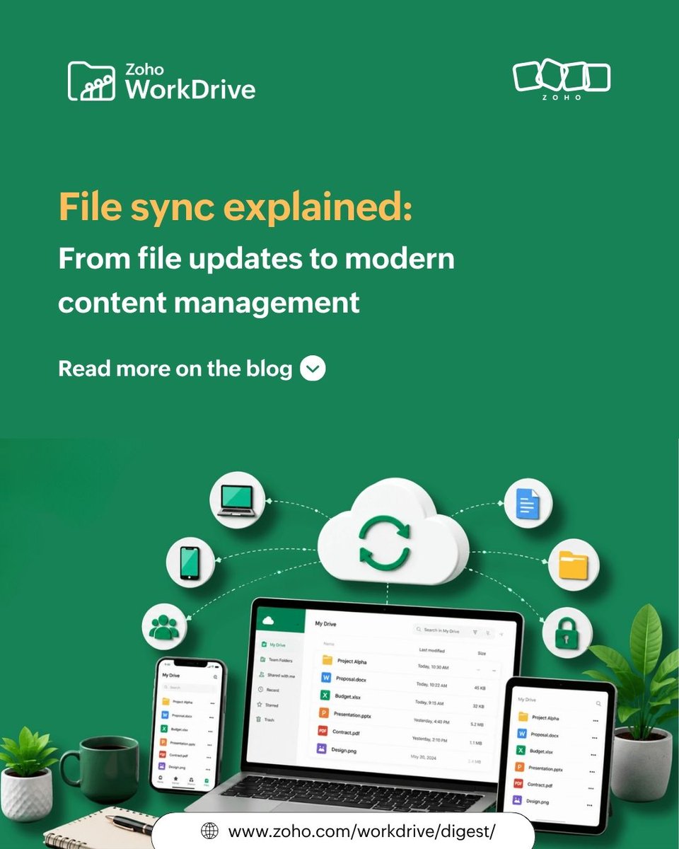 ZohoWorkDrive's tweet photo. File transfer moves a file once.
File syncing keeps it continuously updated.

Learn how syncing works, how it differs from backup, and why it matters for distributed teams and growing content environments.

 Read more 🔗   https://t.co/aroqtYwxZs

#ZohoWorkDrive #FileSyncing https://t.co/7dAXb2Rc95