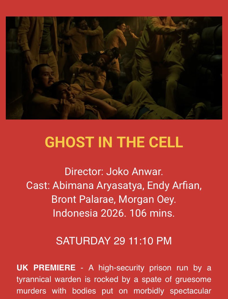 FilmIndoSource's tweet photo. Joko Anwar’s ‘GHOST IN THE CELL’ will be making its UK Premiere at the 2026 Tubi FrightFest in August. https://t.co/fy40iEYanl