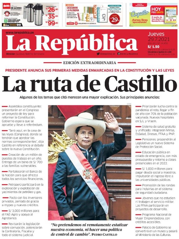 lagartozurdo's tweet photo. Las portadas del diario socialista, el 29 de Julio del 2021 y del 2026, luego de los primeros mensajes del prosor y de Keiko. 

¿ Se nota la diferencia ? https://t.co/B0YHah6iIB