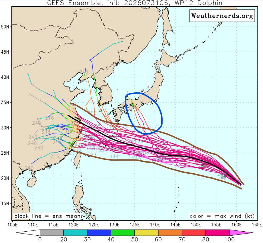 Ltd_Exp_HK's tweet photo. https://t.co/905C5ObH6xより台風13号のGEFSモデル
基本的には茶色い線で引いた範囲内ではあるものの
ちょっと気になる予想が3本。
これは…今フィリピンの東にある熱帯低気圧が台風13号の今後の進路を複雑にさせるのでしょうかねぇ…？ https://t.co/gA1DKIy74V
