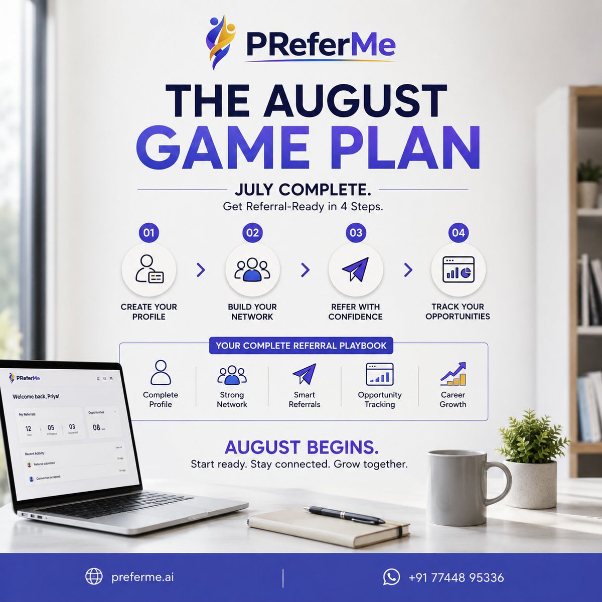 preferme_ai's tweet photo. π August is here. Are you referral-ready?
Complete your profile, grow your network, make smart referrals, and track every opportunity with PReferMe.
β¨ Connect. Refer. Grow.
#PReferMe #CareerGrowth #SmartReferrals #Networking #JobOpportunities #ReferralNetwork #AugustGoals https://t.co/3VdPxyUtL3