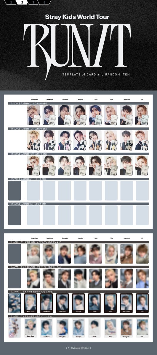 yoruno_template's tweet photo. Stray Kids スキズ テンプレート template 一覧 交換 World Tour RUN IT SEOUL JAPAN OFFICIAL MERCH グッズ トレカ SKZOO 特典

ℹ️日本購入特典追加、一部画像更新

ご自由にお使いください🪼
・アカウント名の記載はそのままで
・ミスを発見されたらそっとDMへ
・💬🔁❤️🔖大変喜びます

メンバー別⏬ https://t.co/9fvSKGUFTY