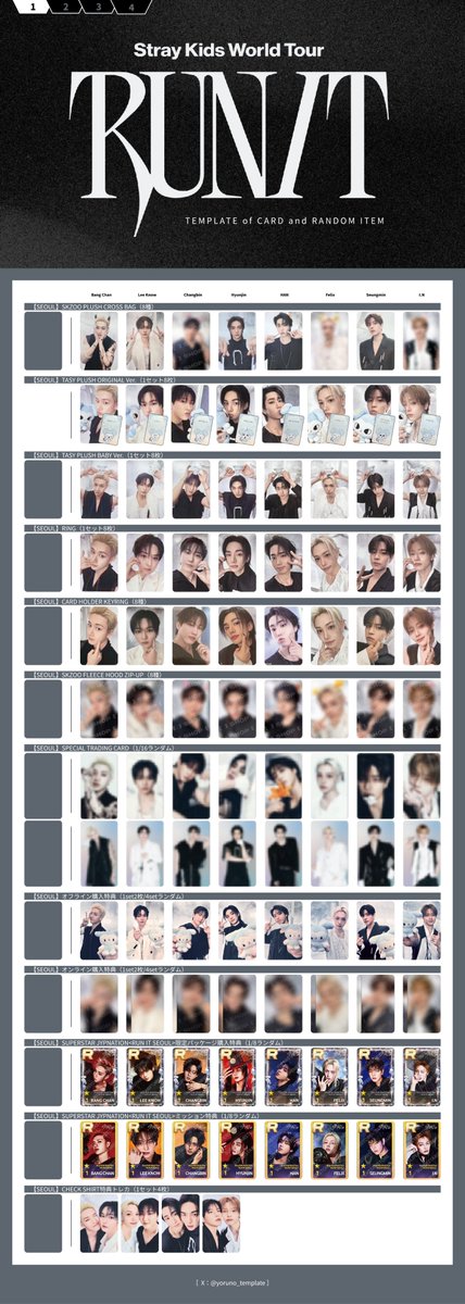 yoruno_template's tweet photo. Stray Kids スキズ テンプレート template 一覧 交換 World Tour RUN IT SEOUL JAPAN OFFICIAL MERCH グッズ トレカ SKZOO 特典

ℹ️日本購入特典追加、一部画像更新

ご自由にお使いください🪼
・アカウント名の記載はそのままで
・ミスを発見されたらそっとDMへ
・💬🔁❤️🔖大変喜びます

メンバー別⏬ https://t.co/9fvSKGUFTY