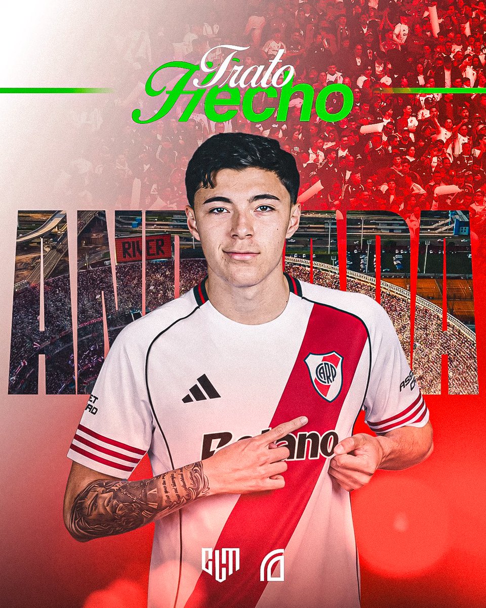 CLMerlo's tweet photo. 🚨Tobías Andrada es nuevo refuerzo de River. 
*️⃣Le compran el 60% del pase a Vélez en u$s 5.5M y hay una opción de adquirir un 20% restante si cumple determinados objetivos. 
*️⃣Su contrato será hasta diciembre de 2030. #TratoHecho https://t.co/GjQpSumEMY