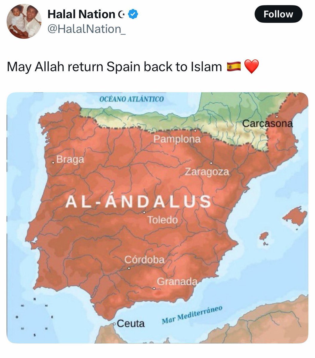 visegrad24's tweet photo. Islamists openly post about their desire to conquer Spain and Portugal.

The mass migration from the Middle East and North Africa and the ensuing demographic change of the European continent are an essential part of that conquest. https://t.co/Yv1EWfOZav