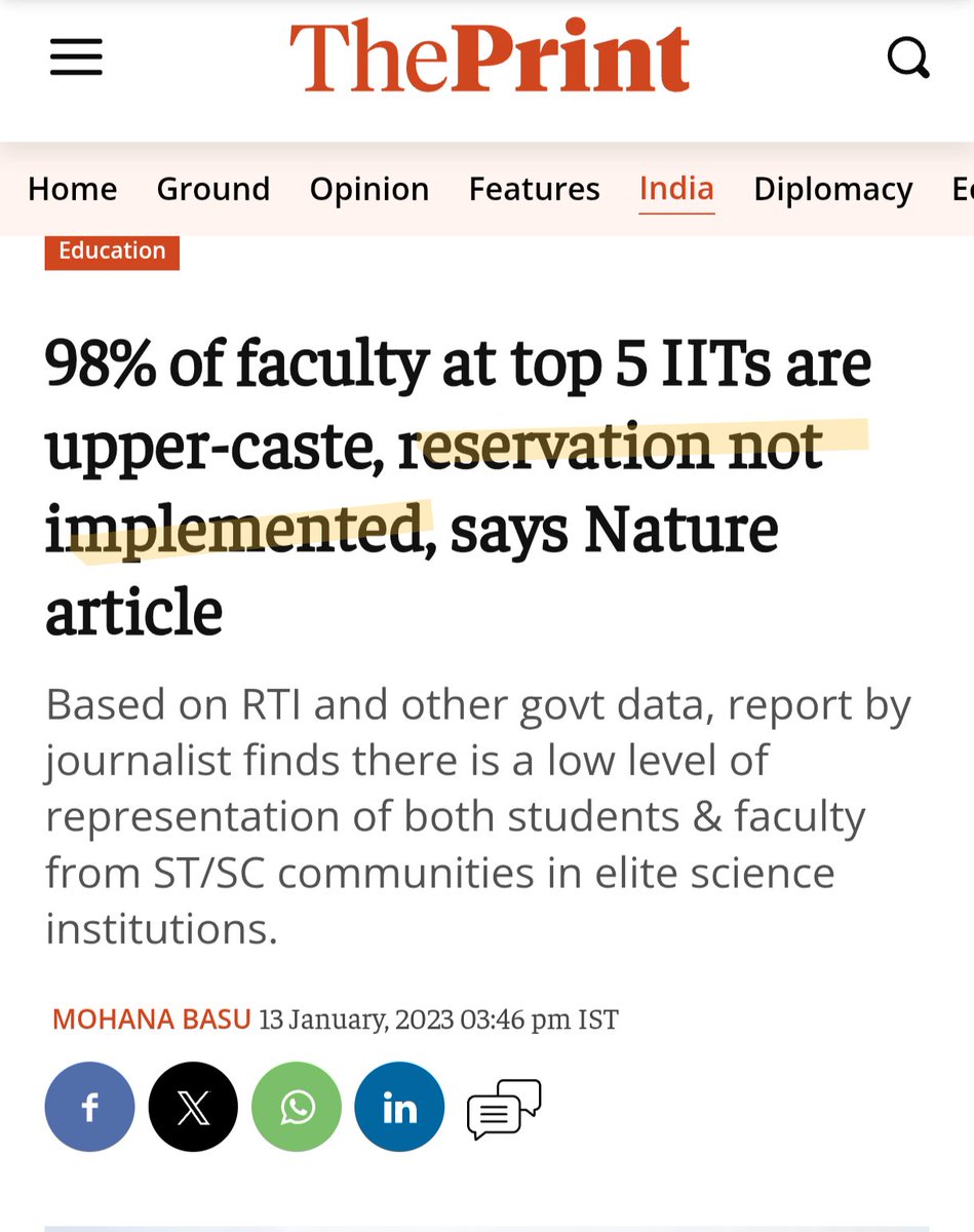aman_ganvir's tweet photo. 98% of faculty at top 5 IITs are so called upper-caste, reservation not implemented. Yet, none of them made it into top 100.

Reason: it lacks diversity. https://t.co/HMgSiCCrg2