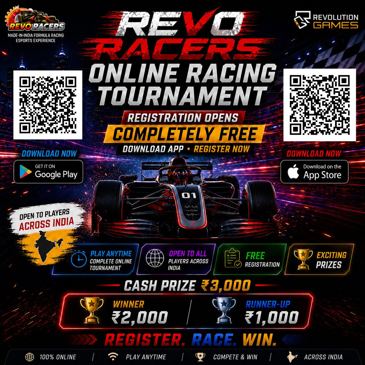 RevoRacers's tweet photo. REVO RACERS OPEN CHALLENGE – WEEK 1
Free Online Formula Racing Esports Tournament.
Free Registration | ₹3,000 Prize Pool
Download &amp; Register:
Play Store: https://t.co/WsHWbZPYVR
App Store: https://t.co/T8lTkORunE
https://t.co/NkwEIt6yx6
#RevoRacers #EsportsIndia https://t.co/cBb1Z1zID1
