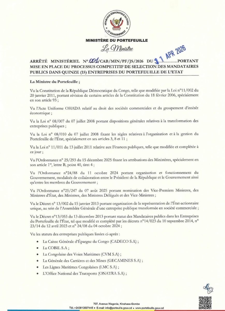 ebalemozindo's tweet photo. #RDC: #PORTEFEUILLE. 
Recrutement des DG, DGA et PCA au sein des entreprises publiques :
Un processus compétitif instauré pour la sélection des mandataires publics.

La ministre du Portefeuille a signé un arrêté ministériel instituant un processus compétitif de sélection des mandataires publics au sein de quinze entreprises du portefeuille de l'État. Cette réforme vise à renforcer la transparence, la bonne gouvernance, l'intégrité et la méritocratie dans la désignation des dirigeants des entreprises concernées.

Le texte prévoit que la sélection se fera principalement par appel public à candidatures, dans le respect des principes d'égalité des chances, d'impartialité, de tra��abilité et d'inclusivité. Les entreprises visées comprennent notamment la Gécamines, la SNEL, la REGIDESO, la SNCC, la RVA, la SONAHYDROC, la SCTP, la SOKIMO, la SAKIMA, l'ONATRA, la SONAS, la CADECO, la CVM, la COBIL et les Lignes Maritimes Congolaises. Cette mesure s'inscrit dans le cadre des réformes engagées pour améliorer la gouvernance des entreprises publiques en République démocratique du Congo.
