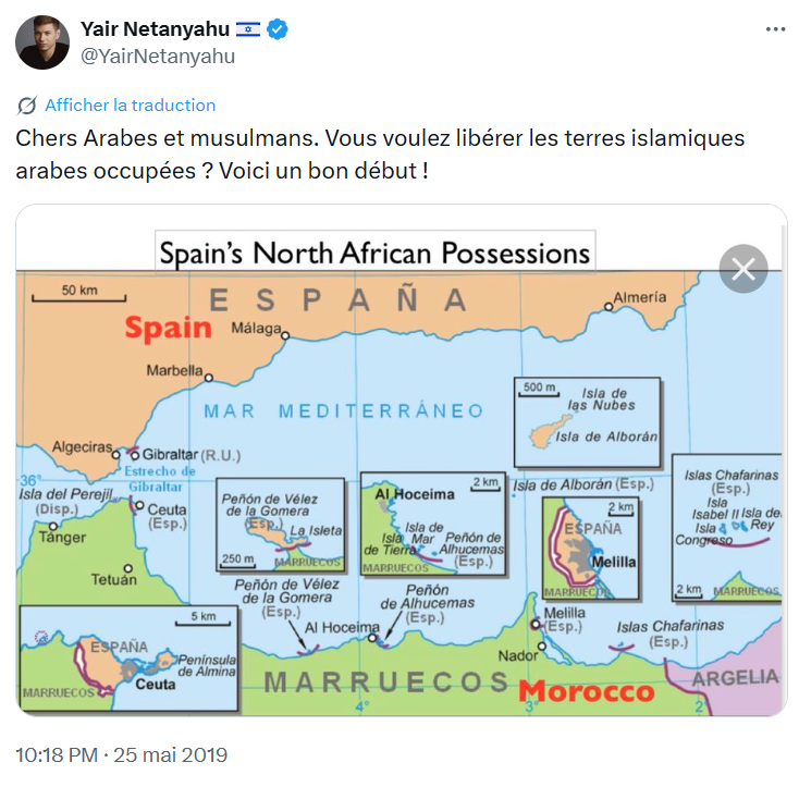 PasDupLM's tweet photo. @silvano_trotta C’est bizarre, un post de 2019 du fils de bibi qui ressort…
La carte met en évidence des territoires espagnols au Maroc : Ceuta, Melilla, le rocher de Vélez de la Gomera, le rocher d'Al Hoceïma, l’île d’Alborán et les Îles Zaffarines. https://t.co/B0AwikggR9