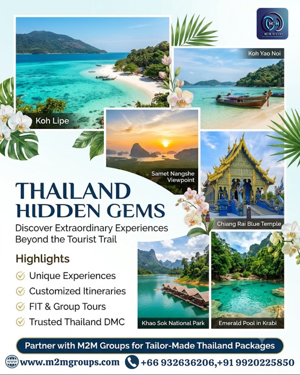 M2M_Groups's tweet photo. Beyond Phuket and Bangkok lies a whole new side of Thailand.

🌴 Koh Lipe
🌅 Samet Nangshe Viewpoint
🏝️ Koh Yao Noi
💙 Chiang Rai Blue Temple
Partner with M2M Groups for exclusive Thailand experiences.

#ThailandHiddenGems #ThailandDMC #TravelAgents #M2MGroups #AmazingThailand https://t.co/FWYrKGSMks