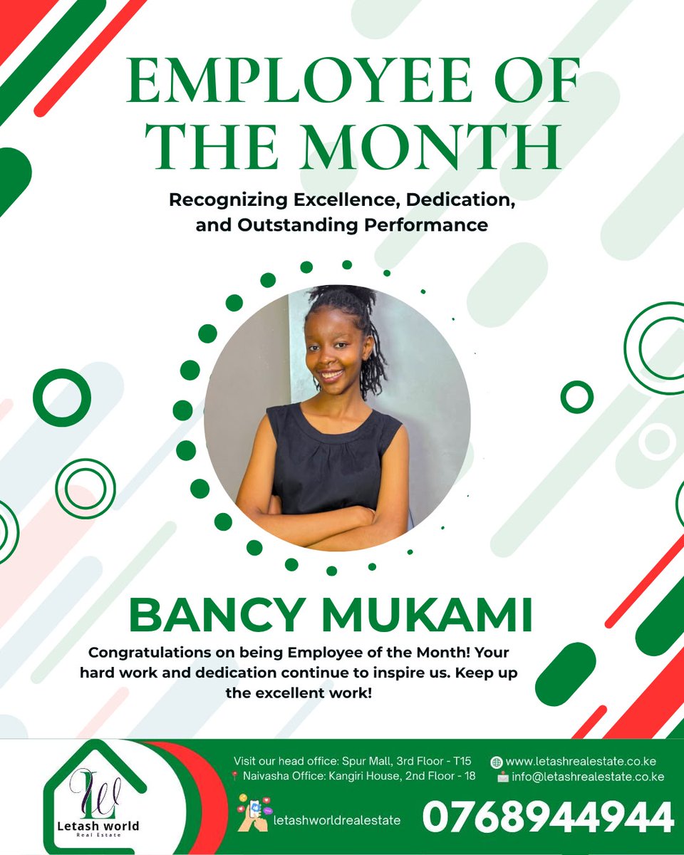 letashworld's tweet photo. Congratulations to Bancy Mukami on being recognized as our Employee of the Month! 🎉
Your dedication, consistency, and outstanding performance continue to inspire the entire team.
#EmployeeOfTheMonth #TeamSuccess #Excellence #OutstandingPerformance #Congratulations #TeamLetash https://t.co/xIsddmZZGf