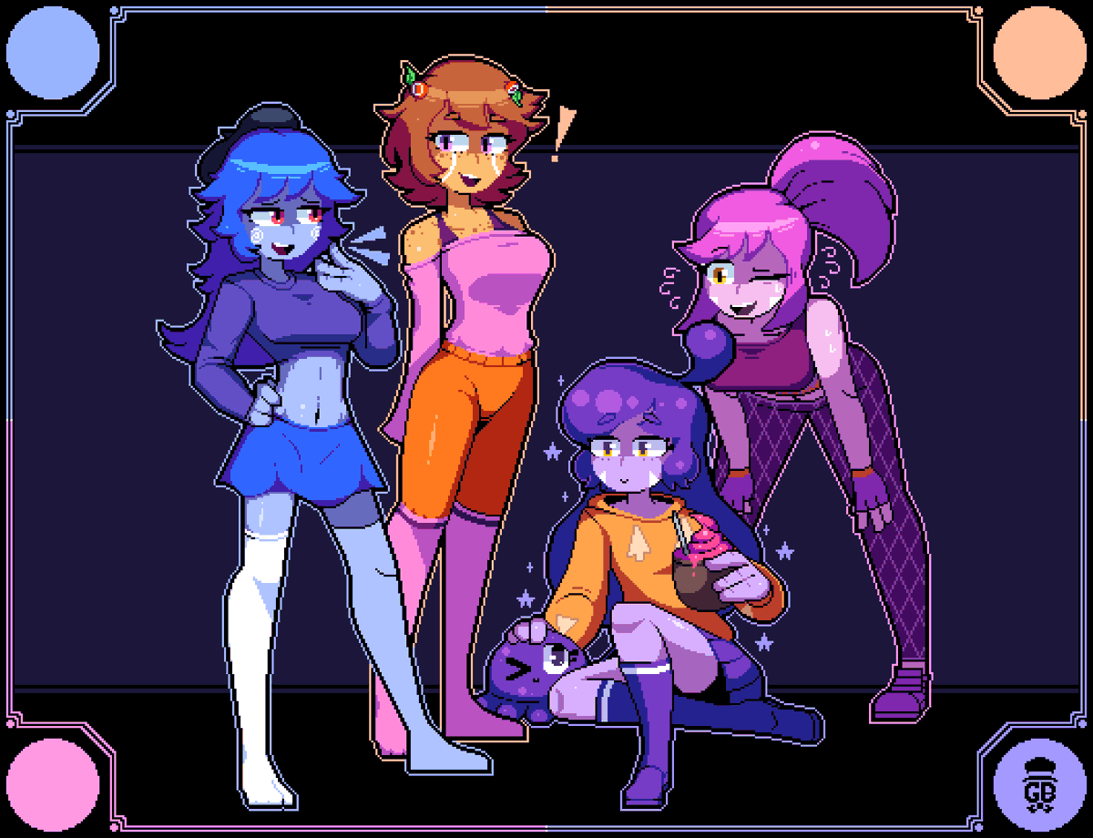 SomeGroovyBird's tweet photo. Commission: 🫐Eira, Amber, Eva and Coral🍊by @Jet_kirby7654  
#pixelart #pixelartist https://t.co/Dqk8YH78Tx