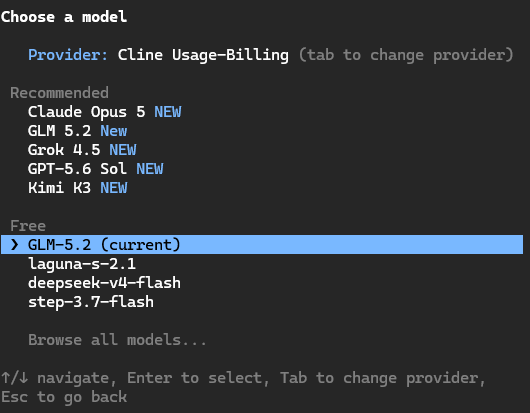 qilua02's tweet photo. Wait, another ~50M tokens for free from Cline?! 🤯

You get 4 models out of the box:

- deepseek-v4-flash
- GLM-5.2
- step-3.7-flash
- laguna-s-2.1

No API key or credit card needed!

Install: npm i -g cline 
Website: https://t.co/lpQJlICRBm https://t.co/KCSmrMN4Ry