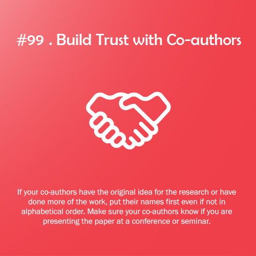100RulesoftheG1's tweet photo. Research Rule of the Game #99: Build Trust with Co-authors. All 100 PhD + 100 Research Rules of the Game are available at https://t.co/6ljB3FZJXb and https://t.co/LXFt0UP74t #100PhDRules #PhD #phdchat #phdadvice #phdforum #phdlife #ecrchat #acwri https://t.co/YhxjnTHqRz
