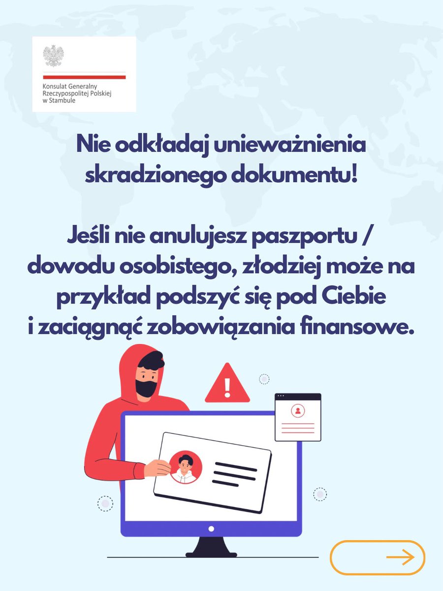 PLinIstanbul's tweet photo. Niezastrzeżony paszport lub dowód osobisty może zostać wykorzystany przez osoby nieuprawnione, na przykład do podszycia się pod Ciebie lub zaciągnięcia zobowiązań finansowych. 
(3/4) https://t.co/NnQcyi6ck2