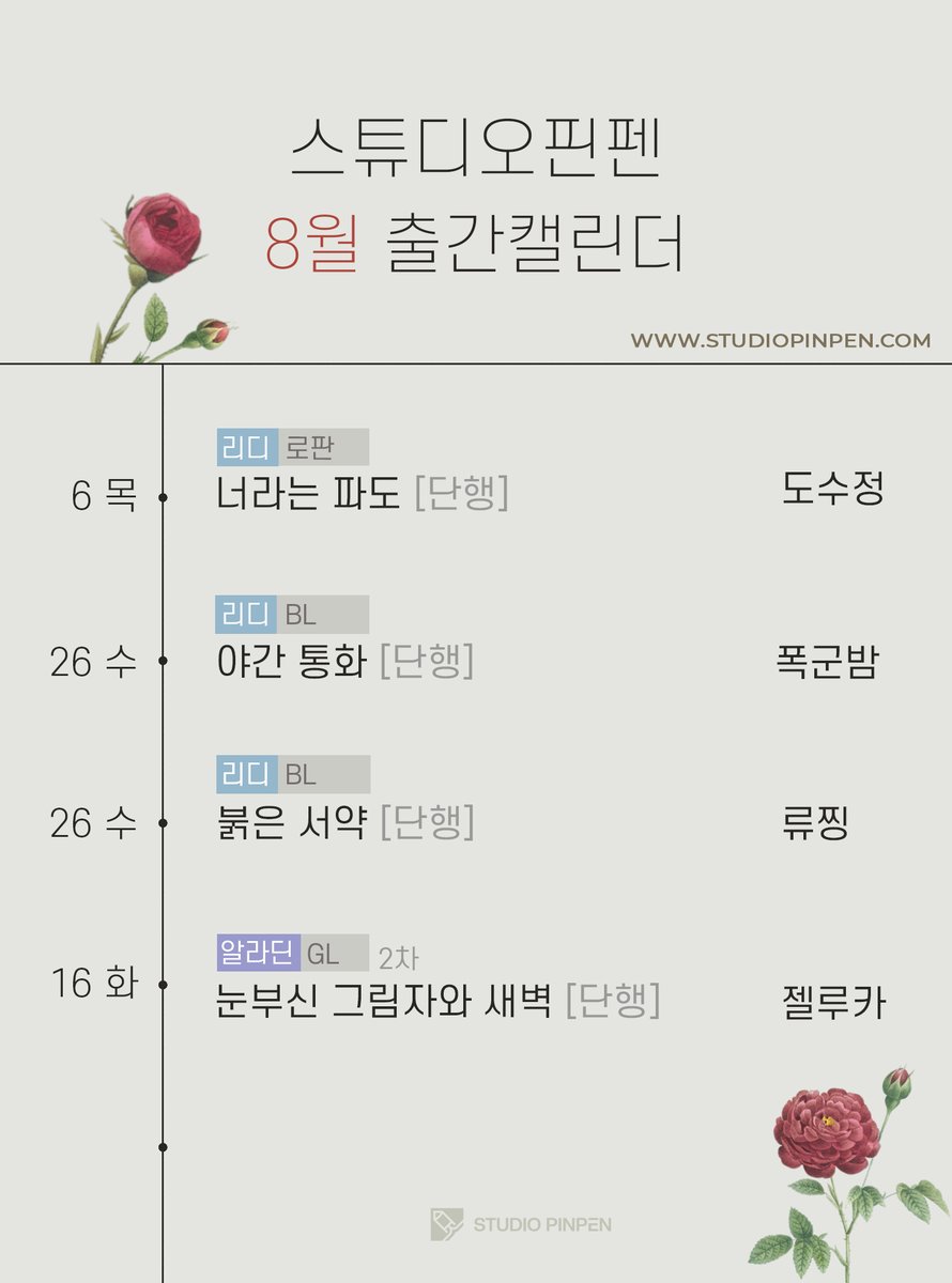 studiopinpen's tweet photo. 📅스튜디오 핀펜 8월 출간 캘린더✨
다가오는 8월, 독자님들의 일상에 새로운 설렘을 더해 줄 작품들을 정성껏 준비했습니다. 감사합니다! ⸜(｡˃ ᵕ ˂ )⸝♡
🔗https://t.co/WpQyAzZMhx https://t.co/7nIR3ra3xQ