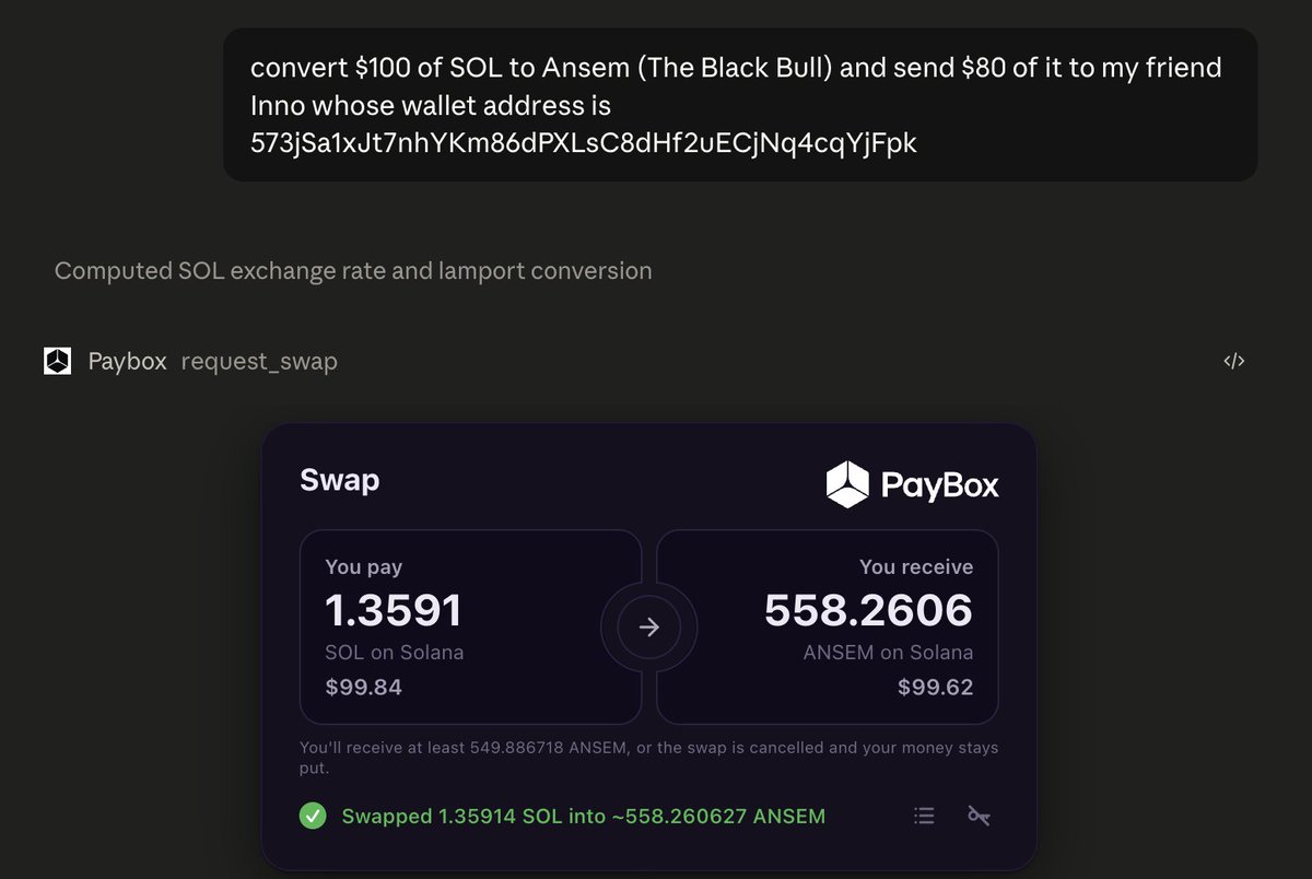 moonpay's tweet photo. with one prompt in Claude, we: 

1️⃣ bought $ansem with SOL 
2️⃣ delivered it directly to @inno_sol SOL wallet 

PayBox mode https://t.co/v9yt3svd2c