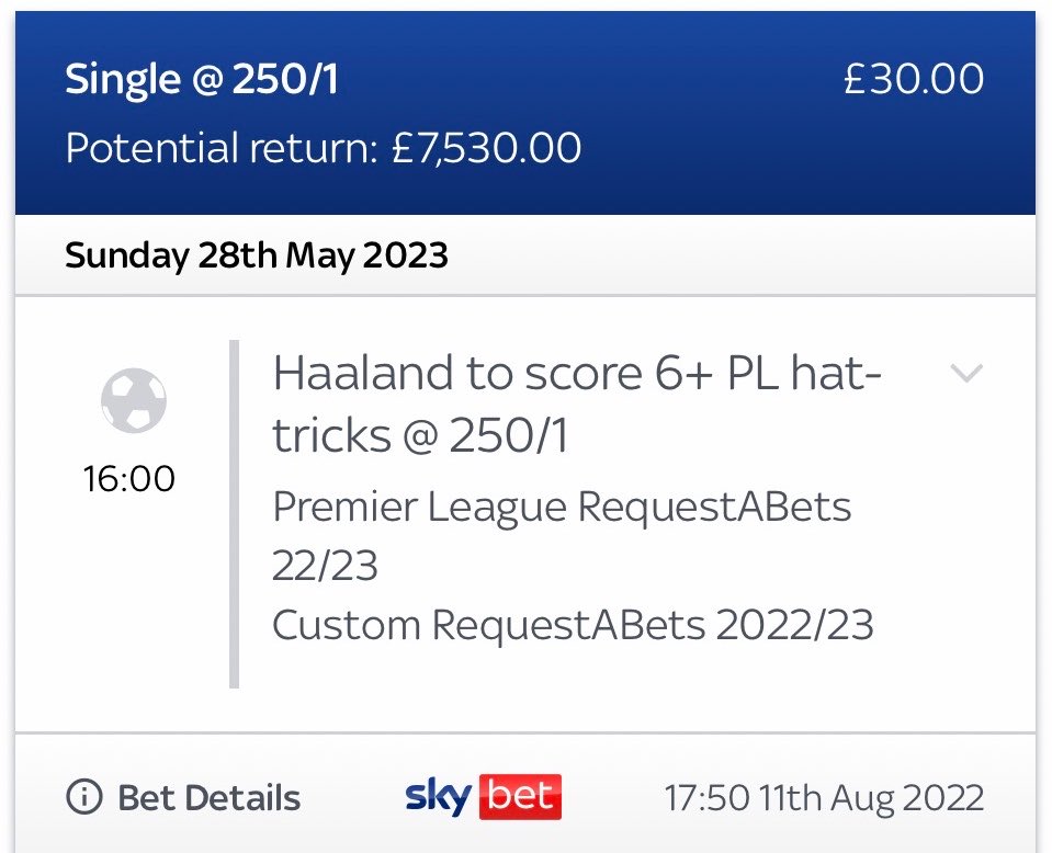 RealJohnnyPoker's tweet photo. 😅 What’s the losing bet that still annoys you years later?

Before a ball was kicked in Erling Haaland’s debut season, I had £30 @ 250/1 on him to score 6+ Premier League hat-tricks, breaking Alan Shearer’s single-season record of five.

He hit three Premier League hat-tricks in his first 10 games, then later scored back-to-back hat-tricks against RB Leipzig (ECL) and Burnley (FA Cup)…

…only for Pep to substitute him after braces against Southampton and at half time for Leicester 😭 .

City went on to win the Treble. Haaland finished with four Premier League hat-tricks.

I’ll never forgive Pep for those substitutions. 😂