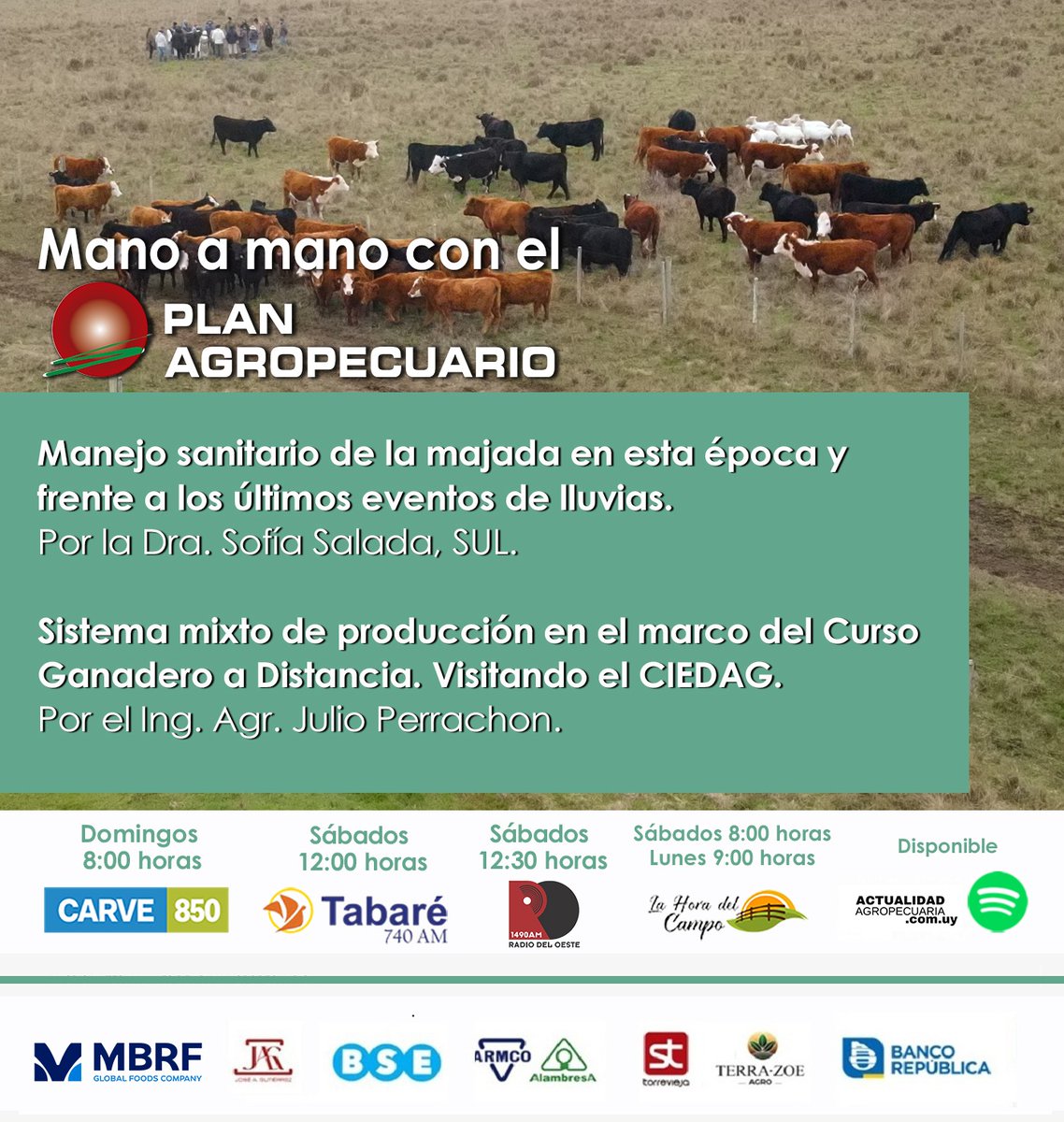 PlanAgro's tweet photo. 📻Mano a Mano con el Plan
¡En este programa!👇
✔️Manejo sanitario de la majada
#invierno #ovinos #lluvias
🎙️Dra. Sofía Salada @SUL_uy
✔️Sistema mixto de producción #CGD2026
📌CIEDAG, Florida
🎙️Ing. Julio Perrachon #PlanAgro
¡Te esperamos! https://t.co/mkafgTN3nC