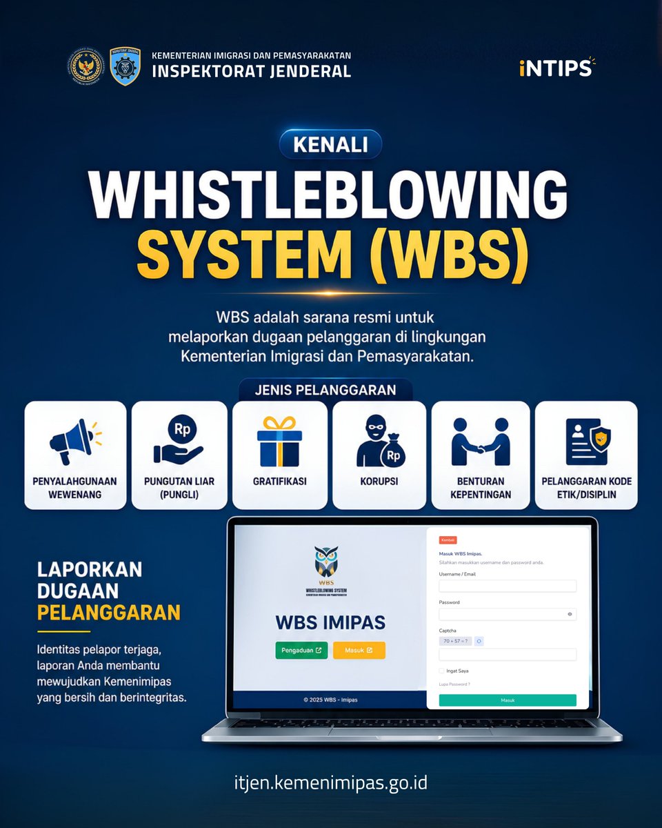 itjen_imipas's tweet photo. 📢 Berani Bicara, Berani Menjaga Integritas.

Melihat atau mengetahui adanya dugaan pelanggaran? Jangan ragu untuk melaporkannya melalui Whistleblowing System (WBS).
https://t.co/IHTqrWgpFM
Bersama kita cegah pelanggaran.

#WhistleblowingSystem #KanalPengaduan #itjenkemenimipas https://t.co/YtHpMYkqea