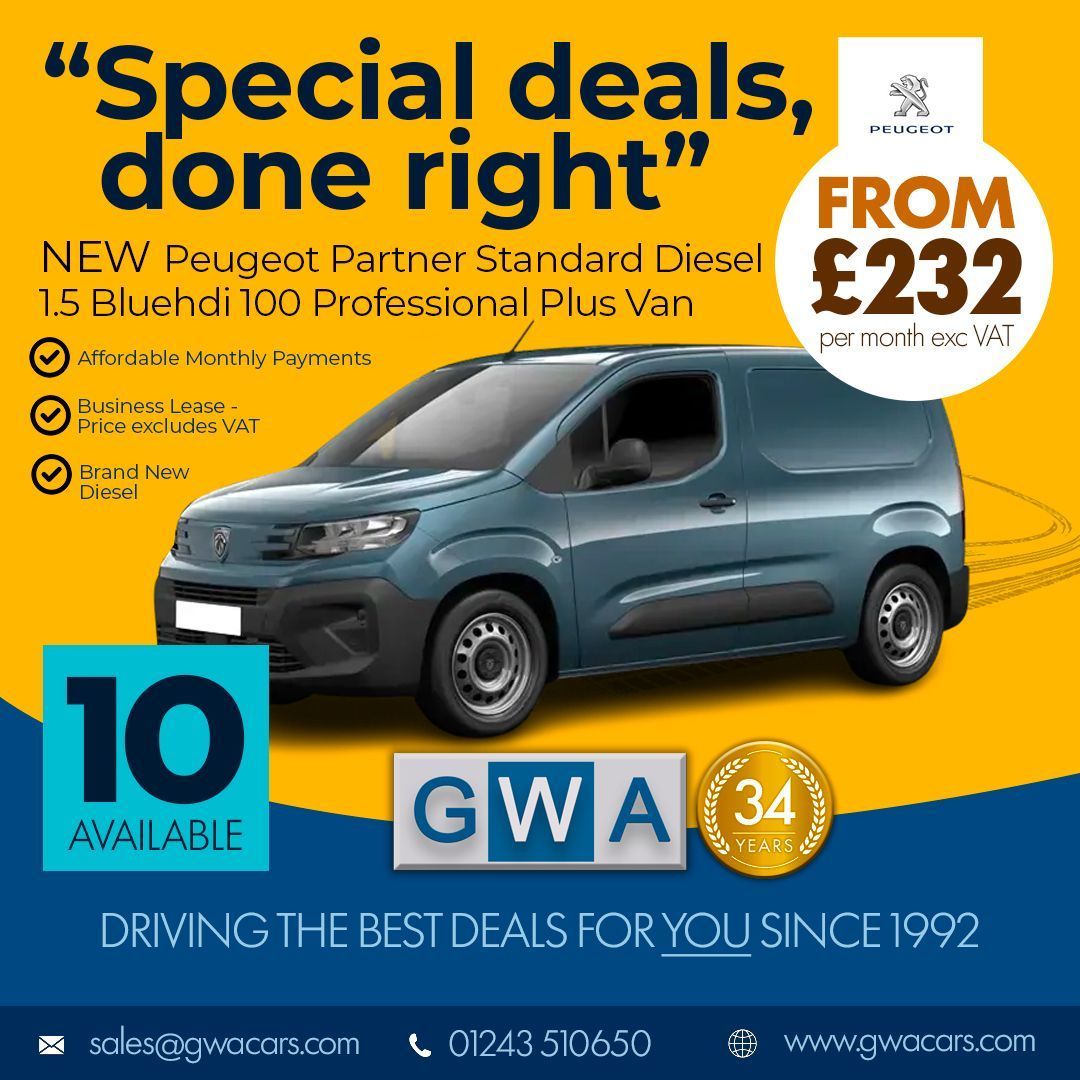 GWACARS's tweet photo. If you are looking for the best #WorkVan then look no further than @GWACARS We have a fantastic Business Lease option on a brand new Peugeot Partner Standard Diesel 1.5 Bluehdi 100 Professional Plus Van which has just gone live today.
🚨Hurry, as we only have stock of 10 vehicles at this price! 🚨
If you are quick, you can be driving away this fantastic #PeugeotVan for under £232 per month. This is a #Summer #SpecialOffer this month with GWA and we defy you to find a better offer anywhere in the UK.
Take a look here https://t.co/lHrilCXgES and don't forget we can source ANY van or work vehicle, just let us know your requirements.
☎️ 01243 510650
📩 sales@gwacars.com
https://t.co/Vh3fO2ixuC
#westsussexlife #westsussex #london #CommercialVehicles #TrustedByTradespeople #usedvans #usedvan #WorkVans #VanDeals #ukbusiness #CommercialVans #Tradespeople #VansForWork #WorkVehicles #TradeTools #VanLife #BusinessOnWheels #ProfessionalTransport #FleetSolutions #ReliableTransport #NewPeugeot #golflife #cityplumbing #diysos #handyman #gardeningservices #paving #electrician