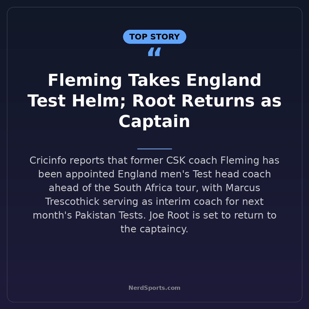nerdsports_com's tweet photo. BREAKING: Fleming named England men's Test head coach 🏏 Root returns as captain, with Trescothick interim for Pakistan Tests. Major shift incoming! #Cricket #ENGvSA https://t.co/wtUfXsPdPe