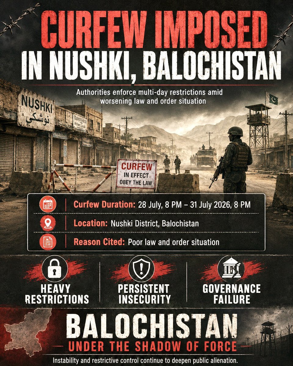 ADIL6696's tweet photo. Authorities have imposed a multi-day curfew in Nushki, Balochistan, citing deteriorating law and order conditions. The restrictions aim to maintain security as residents face movement limitations and heightened security measures. 

#Balochistan #Nushki #Security https://t.co/XZmmnpK8hU