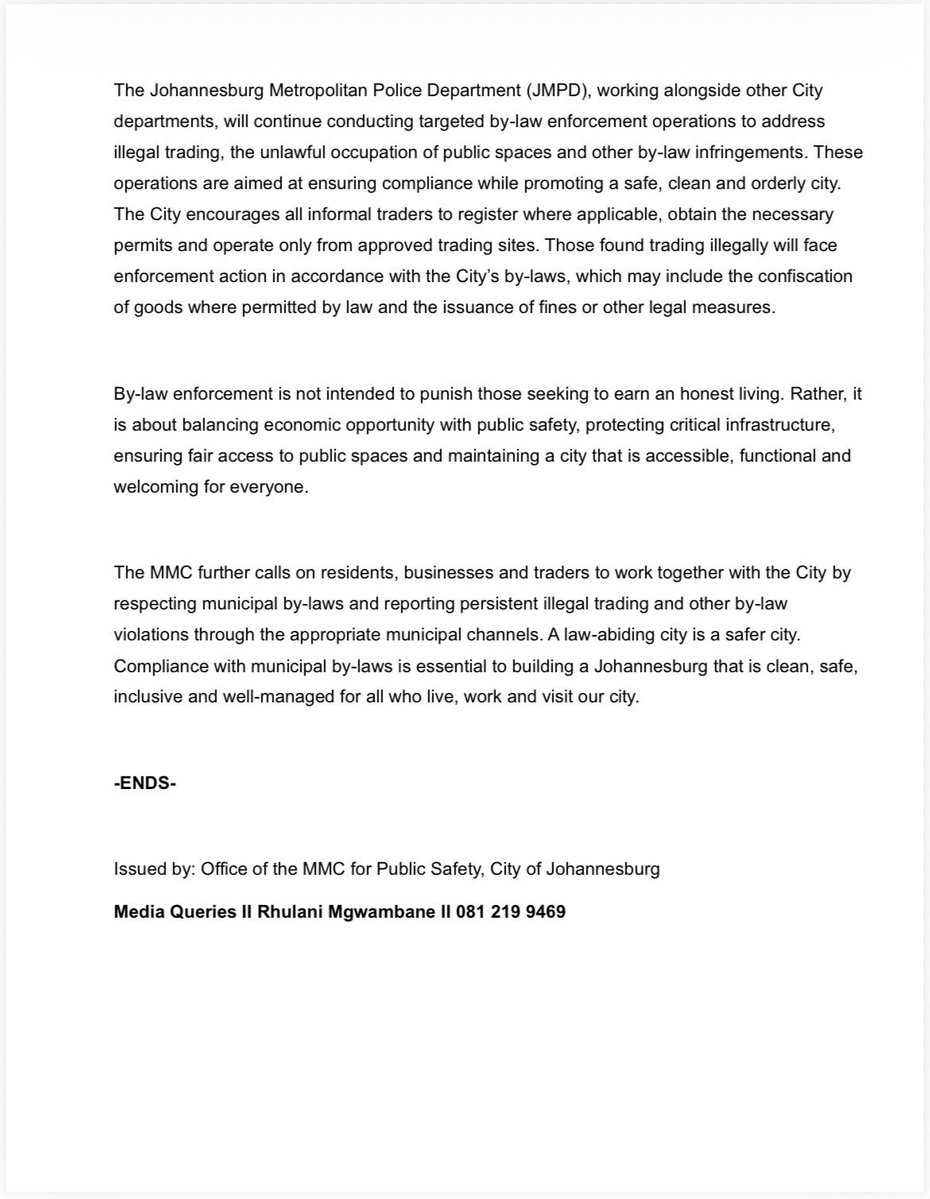 PublicSafetyMMC's tweet photo. 🚨MUST READ🚨

PUBLIC SAFETY MMC REAFFIRMS COMMITMENT TO BY-LAW ENFORCEMENT AND
REGULATING ILLEGAL STREET TRADING
The Member of the Mayoral Committee (MMC) for Public Safety, Cllr Moshe Koma, has
reaffirmed the City of Johannesburg’s commitment to enforcing municipal by-laws and
restoring order in public spaces through sustained action against illegal street trading and
other by-law contraventions.