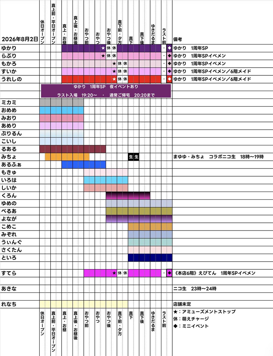 at4fsupport's tweet photo. 【2026年8月前半　本店4階お給仕予定（暫定）】
2026年8月前半の暫定の予定を当ポストからツリーでお知らせします。

・予定は一部不明の為参考程度でご覧ください
・変更追加、不確定要素や誤記の可能性があるため正確な予定は各自でご確認ください(誤記はお気軽にご指摘ください)

8/1〜8/4 https://t.co/fngvxkYay5