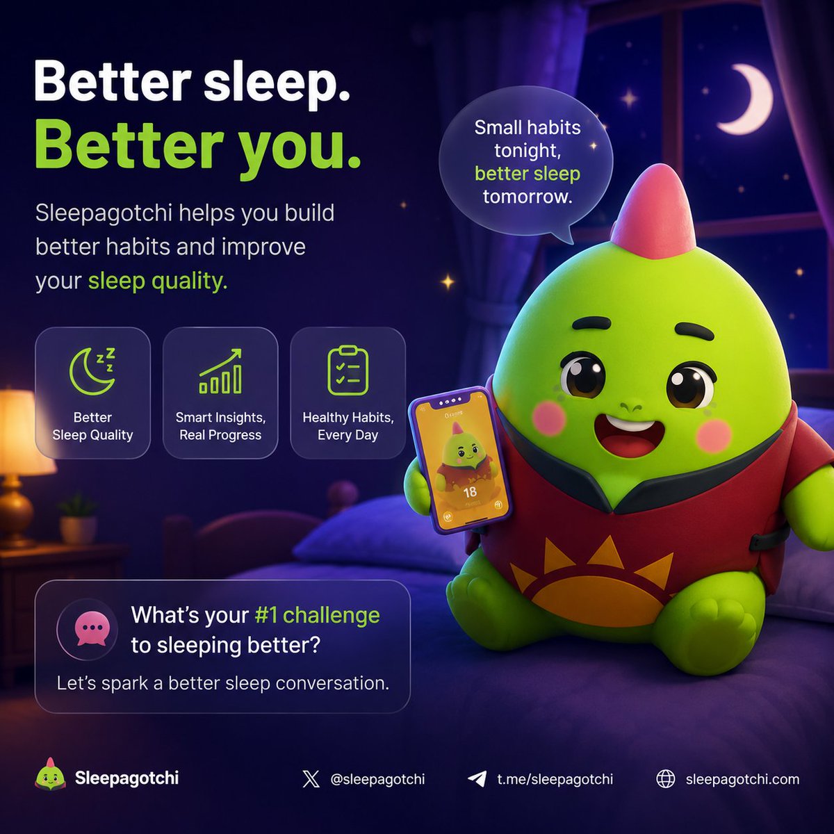 hesamd1's tweet photo. Better sleep isn’t just about spending more hours in bed—it’s about improving the quality of those hours.

@sleepagotchi takes a product-first approach to building better sleep habits.

what should it optimize first: duration, consistency, or quality? https://t.co/6D4SkTSiZv