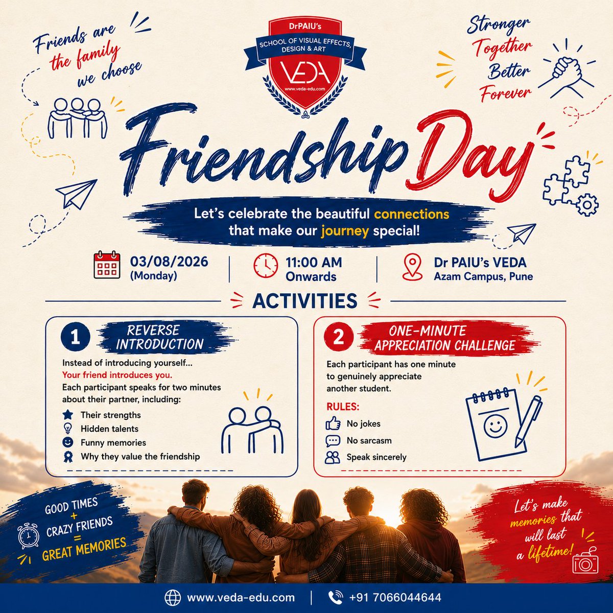VEDA_PUNE's tweet photo. Let's Celebrate Friendship Day with the Spirit of Togetherness in a Unique Way & Make it Memorable!
This Friendship Day, let's go beyond words & celebrate the bonds that make campus life unforgettable!
#Friendshipday #drpaiu #VEDACollege #azamcampus #punecity #Studentactivity https://t.co/xMztlttb2i