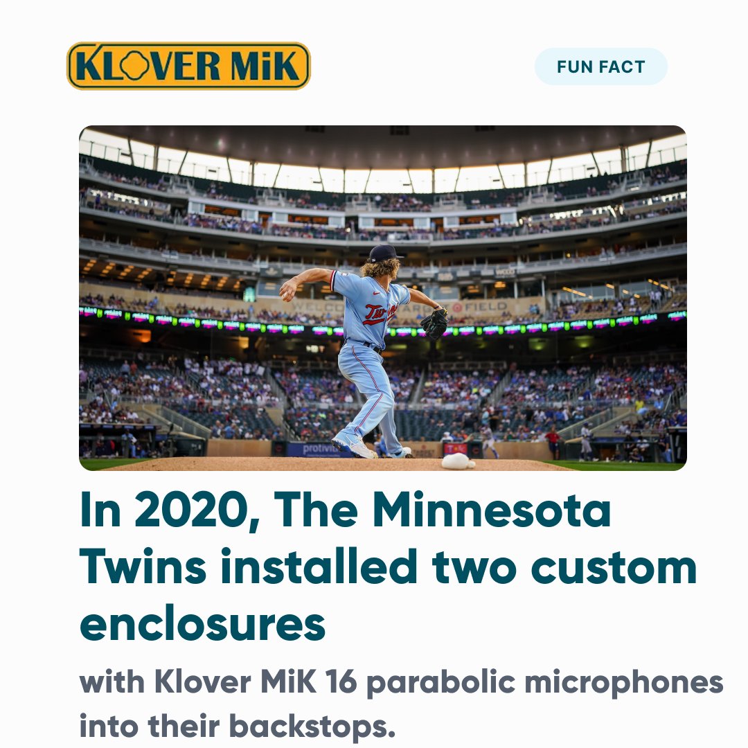 kloverprod1's tweet photo. ⚾🎤 Fun Fact Friday! 🎤⚾
In 2020, the Minnesota Twins upgraded their audio game by installing two custom enclosures with KLOVER MiK 16 parabolic microphones into their backstops—bringing fans closer to the action with range and focus!
#KloverMiK https://t.co/JNaIW6BLxk
