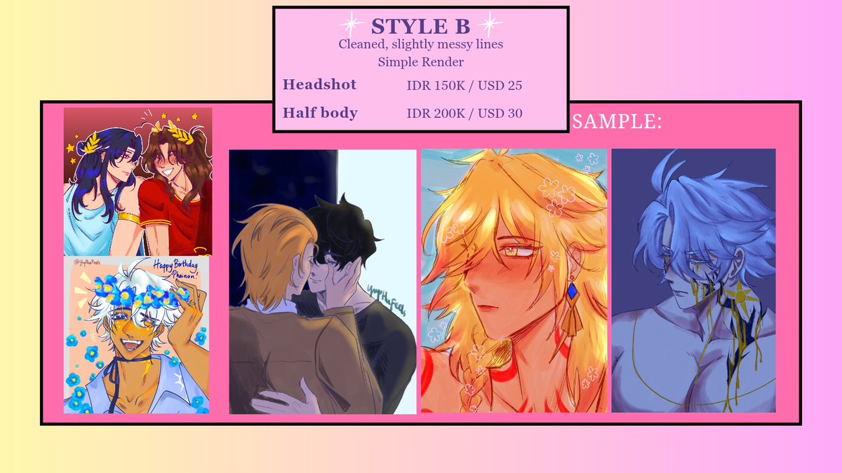 YupTheFeels's tweet photo. (🩷 &amp; 🔄 very appreciated!) Comms updated!💖
Open for local (Idn) and Intl🫰if you're interested/have any questions, DM (and mention) me here or on discord (@/yupthefeels)!

For the styles and pricelist i offer👇👇~ 
#opencommission #artidn #zonauang #zonajajan #artcommission https://t.co/PdZ6U9vgbb