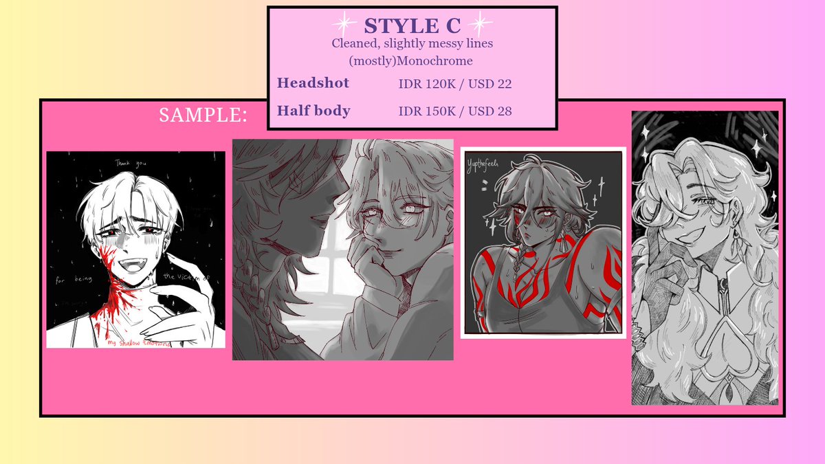 YupTheFeels's tweet photo. (🩷 &amp; 🔄 very appreciated!) Comms updated!💖
Open for local (Idn) and Intl🫰if you're interested/have any questions, DM (and mention) me here or on discord (@/yupthefeels)!

For the styles and pricelist i offer👇👇~ 
#opencommission #artidn #zonauang #zonajajan #artcommission https://t.co/PdZ6U9vgbb
