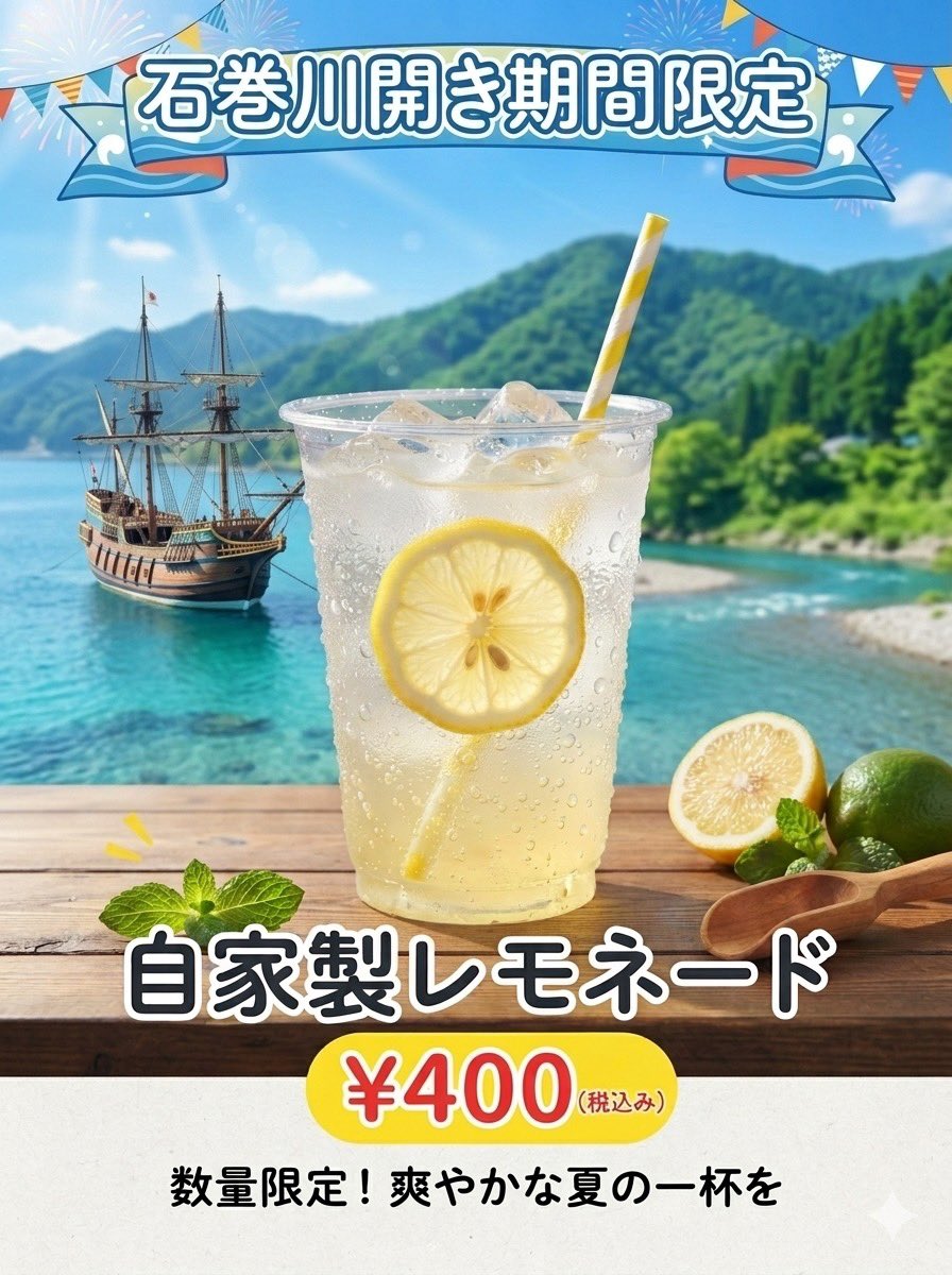 utti3323's tweet photo. 今日から石巻川開き祭りが開催しました！
きらきらでは例年の如く、大人気のウニご飯やホタテご飯、味噌おにぎり等を期間・数量限定で発売します！
今年は試作にだいぶ時間をかけた、「自家製レモネード」も出品します！
天気が怪しいですが、是非お越しください！
※ご飯系はすぐ品切れの可能性あり https://t.co/GLjMVdSJJY