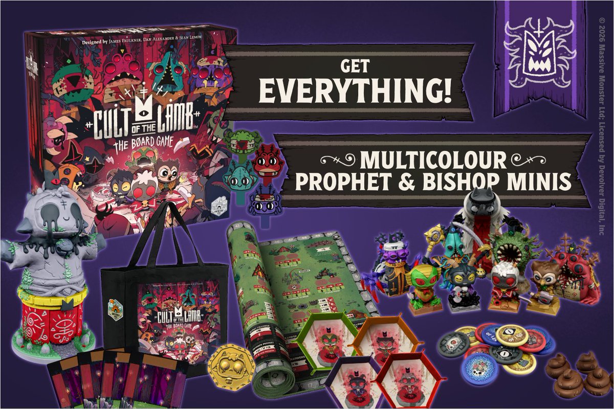 paperfortgames's tweet photo. 🚨Hey you! Yes, YOU, little lamb! 🐑Fancy getting your hooves on an ALL-IN DELUXE PLEDGE for Cult of the Lamb: The Board Game? 👀Follow the link in the description for your chance to win! 🔥 @cultofthelamb https://t.co/VLDYRuOEwO