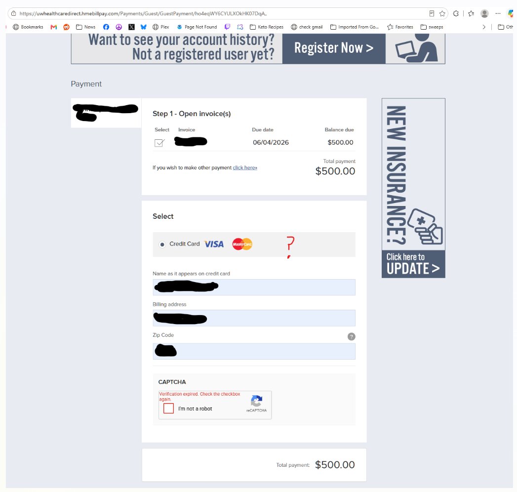 ChrisH_WI's tweet photo. @UWHealth #baddesign 1 st pulling teeth to get UW health to actually send an invoice that wasn't with device when delivered by their courier. Now I have it, go to their site to pay it doesn't actually give you the field to type a CC number in.... next page errors because no CC#. https://t.co/UkcZlYzArS