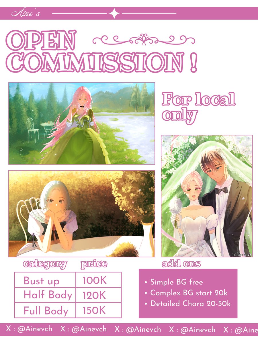 Ainevch's tweet photo. ✧[OPEN COMMISSION]✧
RT &amp; Likes really appreciated 💖!

Aloo manteman, aku open commission untuk bulann agustus!
knock my DM if you're interested💌, tanya tanya dulu boleh bangett yaa◝⁠(⁠⁰⁠▿⁠⁰⁠)⁠◜!
#opencommission #artcommission #artidn #zonauang https://t.co/pPi2F3MIss