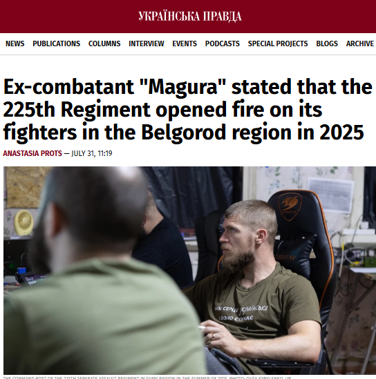 HavryshkoMarta's tweet photo. ⚡️Blocking Units in Ukraine's Military: New Evidence

Oleh Shyriaiev, commander of Ukraine's 225th Assault Regiment, allegedly ordered his troops to open fire on retreating soldiers from the 47th Brigade in April 2025 in Russia's Belgorod region (Kursk operation). 

"Apart from shouting and continuing to inflict damage on the group, nothing was conveyed or achieved. It's starting to dawn... and I see that my people and 225 soldiers have been killed."
