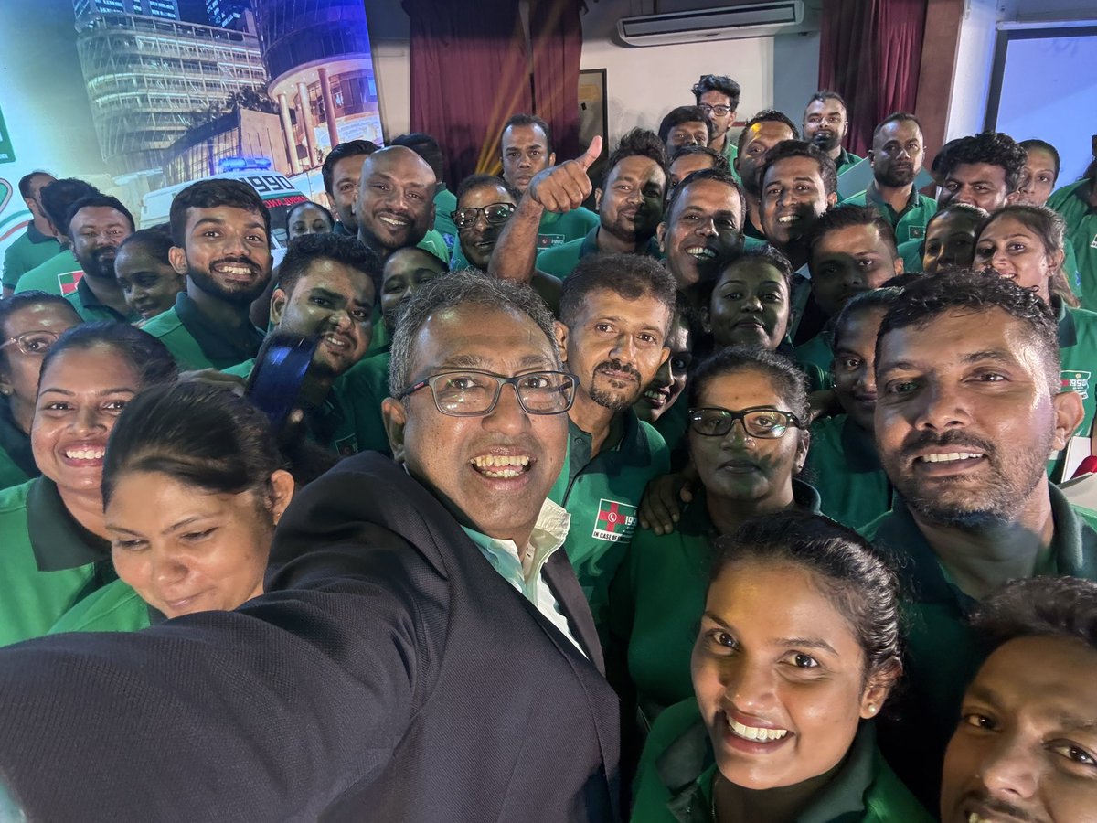 HarshadeSilvaMP's tweet photo. The real heros of #1990SuwaSeriya! Let’s take #SriLanka’s most efficient and most loved public service from strength to strength ten years on! @DumindraR @kcsdesilva and the rest of 1,400 team not in the photo today. https://t.co/obPwwMVrhS