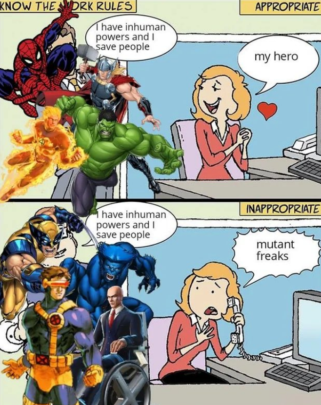 LavenderGhast's tweet photo. The X-men only ever made sense when they exist in their own universe because this still doesn't make sense to me. https://t.co/Xo6by1RVgM