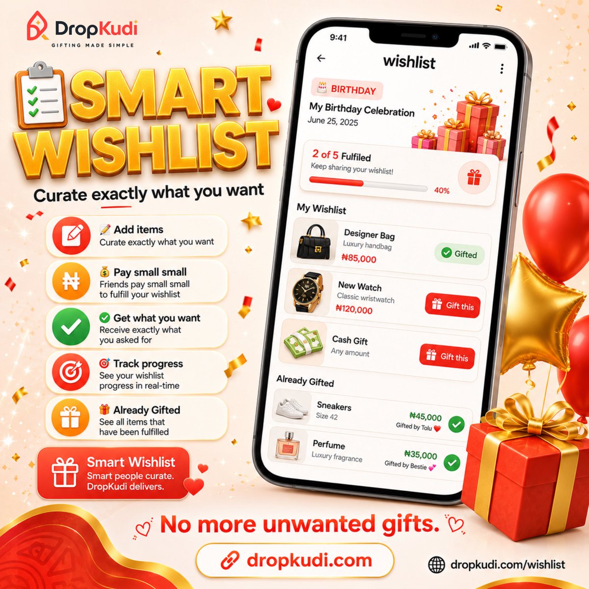 dropkudi's tweet photo. 🚀 DROPKUDI IS LIVE! 🎉

💰 Money Gifts
📋 Smart Wishlist
🎁 Physical Gifts (Lagos)

Create your page. Share ONE link.

🔗 https://t.co/SOPpUFSBja

#DropKudi #Nigeria #Gift #Launch #celebration #Birthday #lagos https://t.co/b6XUFIhXil