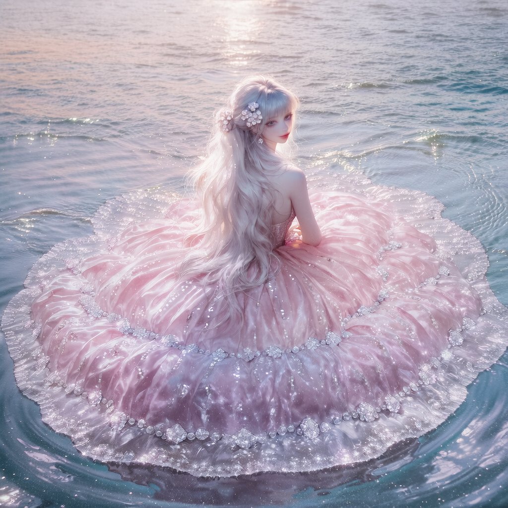 Jin_OAOa's tweet photo. 핑크드레스 Prompt

[캐릭터 프롬]

wearing a luxurious flower-inspired couture gown, translucent pastel pink and ivory fabrics, layered petal-shaped skirt, sparkling embroidery, crystal details, delicate floral appliqués, flowing organza train,  sitting gracefully upon a calm reflective lake, looking back over her shoulder toward the viewer, serene expression, elegant posture, long white hair cascading down her back, floral hair ornaments,  the enormous gown spreading across the water like blooming flower petals, shimmering reflections, soft ripples surrounding the dress, dreamy morning mist,  quiet sunrise atmosphere, warm golden morning light, pastel sky reflected on the water, soft haze, peaceful and romantic mood,  soft pink, ivory, pearl white palette, shallow depth of field, premium fashion editorial aesthetic, ultra detailed, masterpiece,  flower petal dress, water surface reflections, gown melting into the lake, quiet morning atmosphere, soft glow