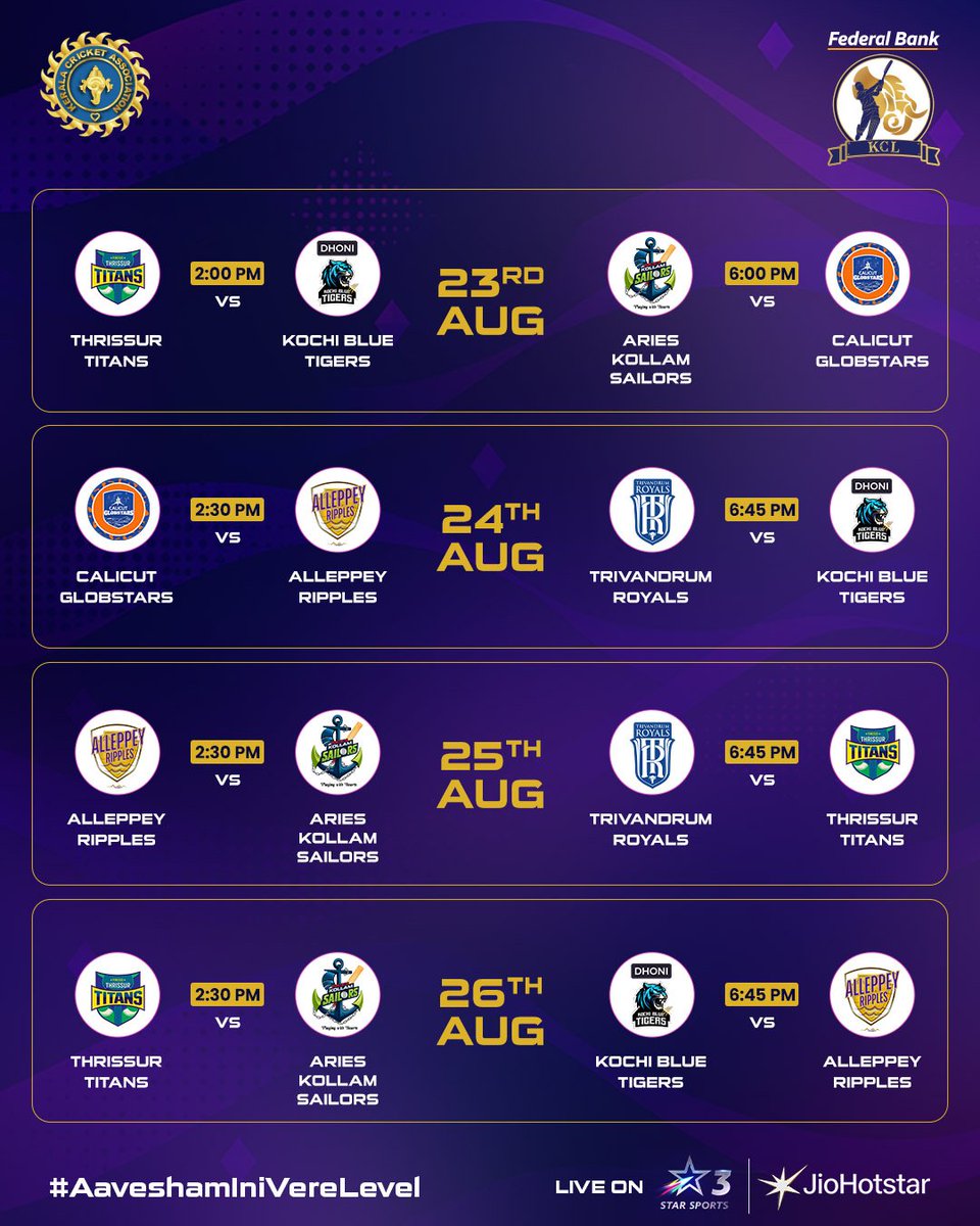 KCL_t20's tweet photo. The road to glory is finally mapped out! 🏆

The official fixtures for the Federal Bank KCL Season 3 are here! We're in for some absolute triumphs and moments that are gonna leave us speechless.

#aaveshaminiverelevel #KCL #keralacricketleague #kclseason3 #fixture https://t.co/U6fhCKaqfO